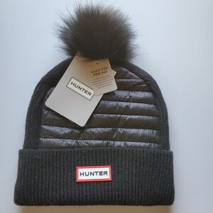 Hunter Black Knit Hat with Faux Fur Pom